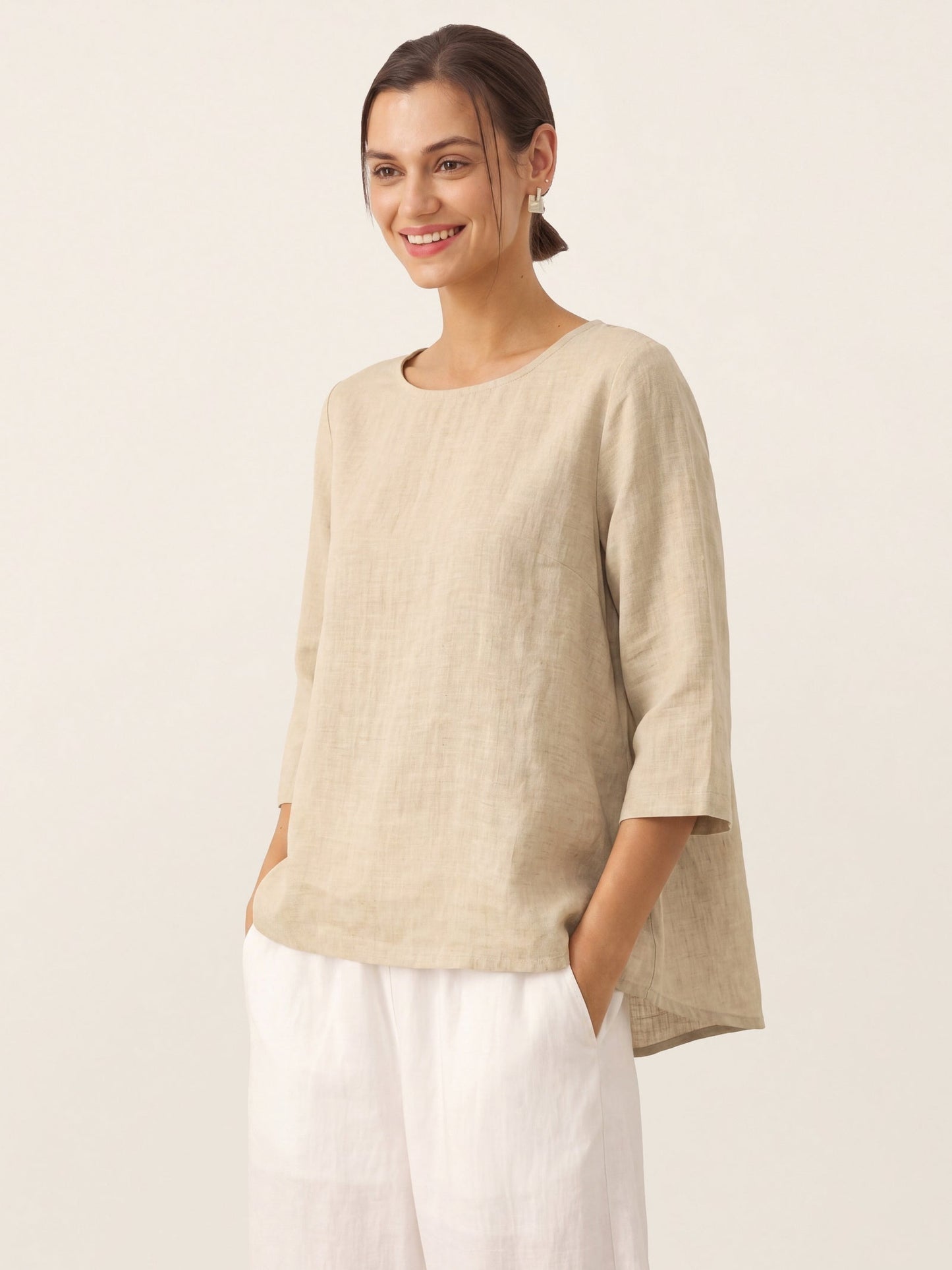 100% Linen Round Neck Asymmetrical Hem Top BRIANNA LINTICO