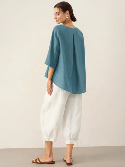 100% Linen Round Neck Asymmetrical Hem Top BRIANNA LINTICO