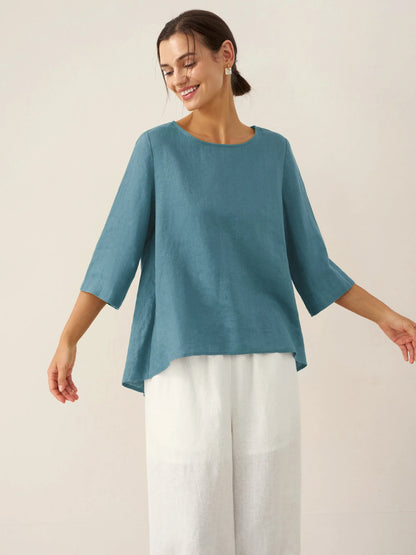 100% Linen Round Neck Asymmetrical Hem Top BRIANNA LINTICO