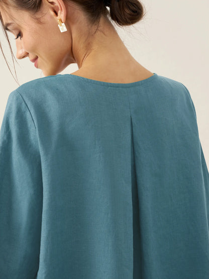 100% Linen Round Neck Asymmetrical Hem Top BRIANNA LINTICO