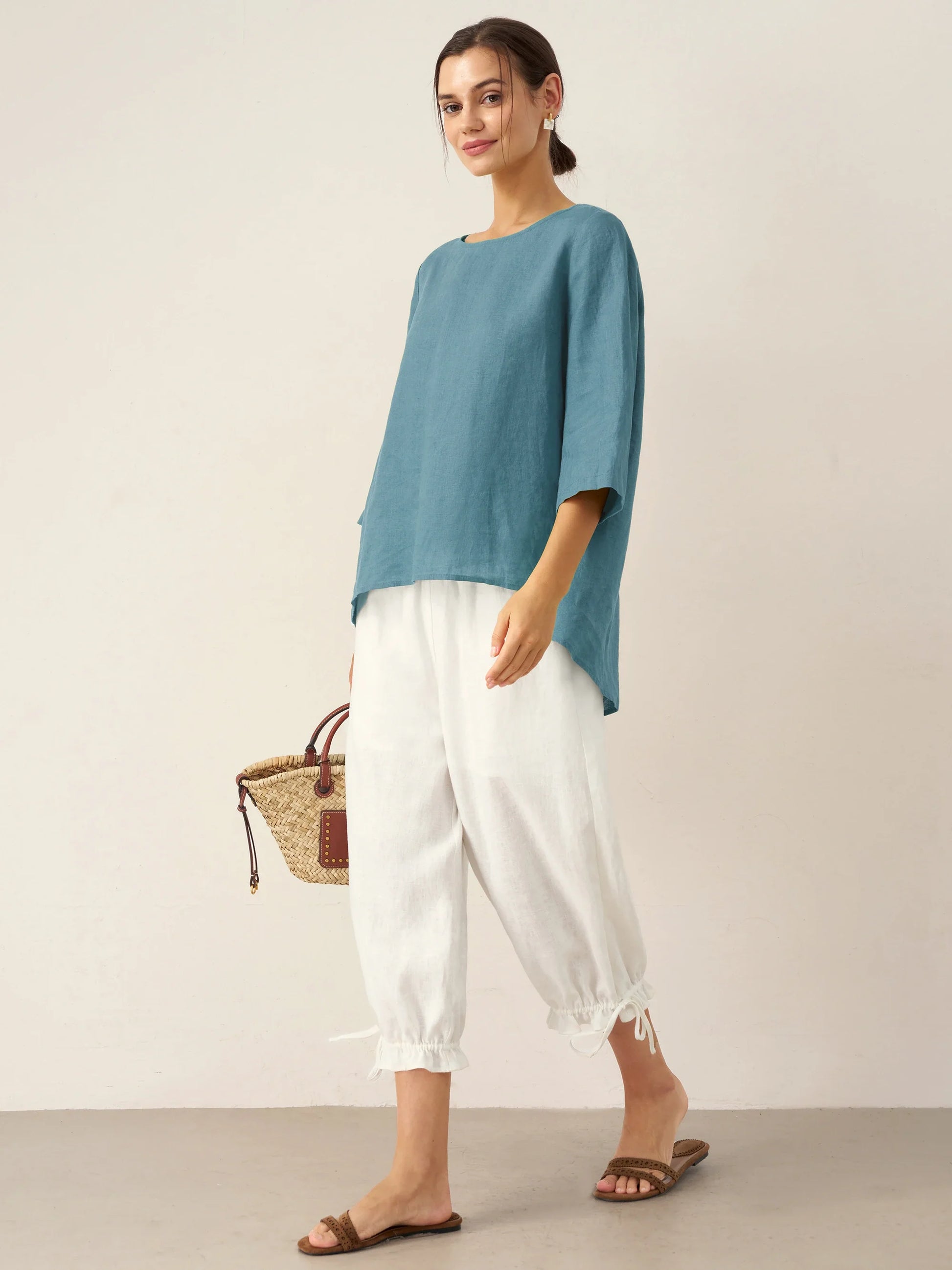 100% Linen Round Neck Asymmetrical Hem Top BRIANNA LINTICO