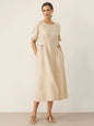 100% Linen Round Neck Button-Tie Maxi Dress XANDRA