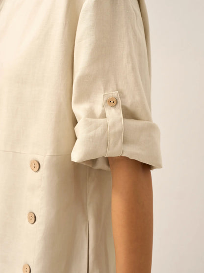 100% Linen Round Neck Button Detail Midi Dress JELENA