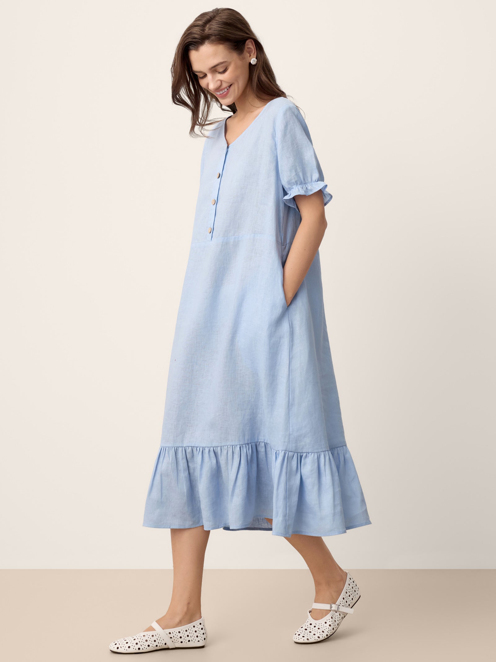 100% Linen Ruffle-Trim Belted Midi Dress LIVARA LINTICO
