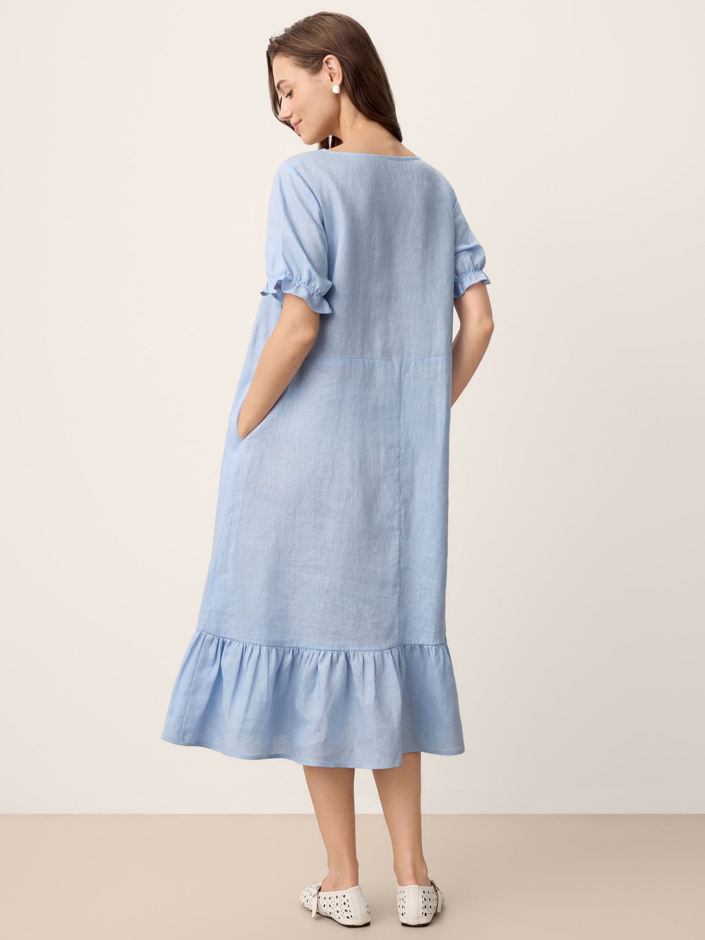 100% Linen Ruffle-Trim Belted Midi Dress LIVARA LINTICO