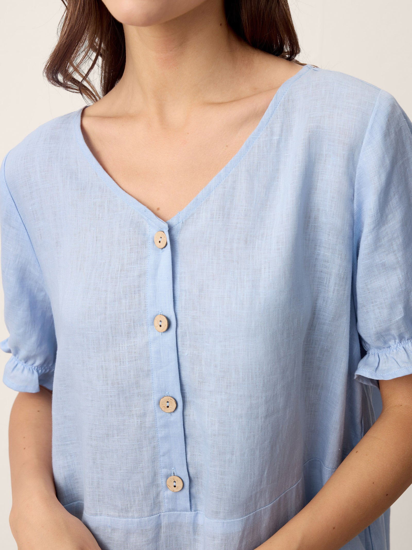 100% Linen Ruffle-Trim Belted Midi Dress LIVARA LINTICO