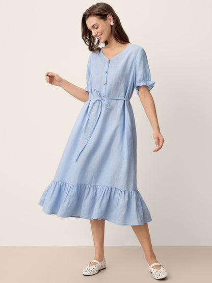 100% Linen Ruffle-Trim Belted Midi Dress LIVARA LINTICO