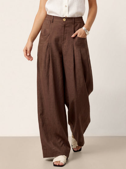 100% Linen Sculpted Pleat Elasticated Back Relaxed Pants VERIDIANA LINTICO