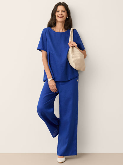 100% Linen Shell Button Elasticated Back Wide-Leg Pants IONE LINTICO