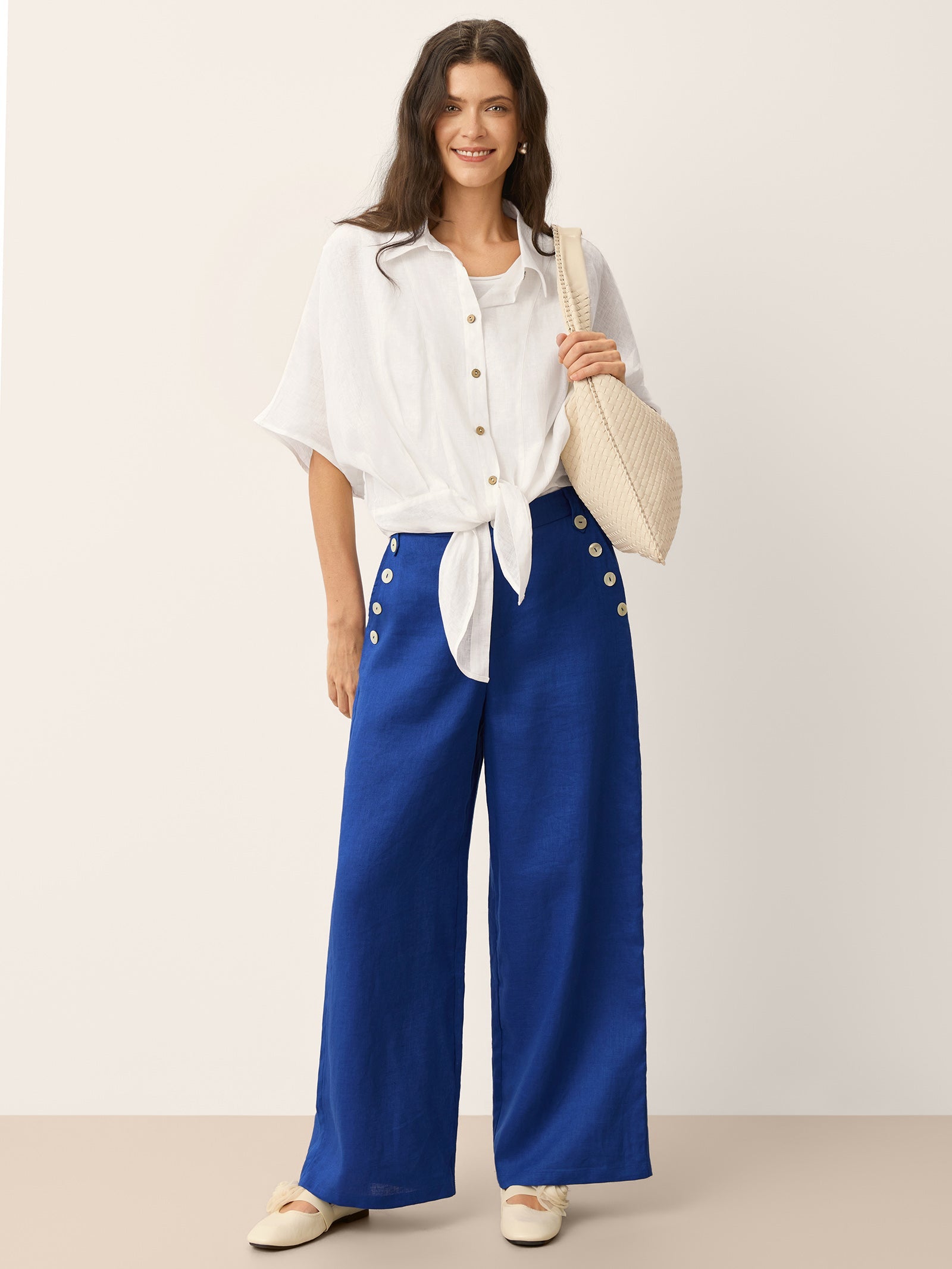 100% Linen Shell Button Elasticated Back Wide-Leg Pants IONE LINTICO