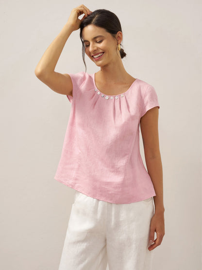 100% Linen Shell Button Pleated Crew Neck Top RENA