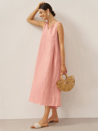 100% Linen Sleeveless A-Line Maxi Dress TARA LINTICO