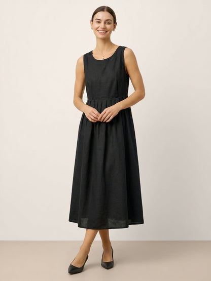 100% Linen Sleeveless Crew Neck Waist Pleated Maxi Dress SELENE