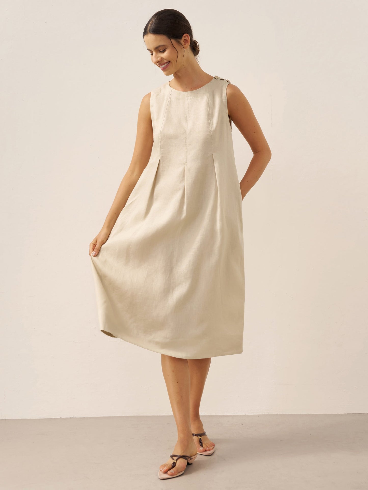100% Linen Sleeveless Shoulder Button Midi Dress FREYA
