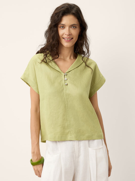 100% Linen Soft Collar Shell Button Rolled Cuff Top HELGA LINTICO