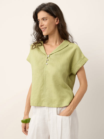 100% Linen Soft Collar Shell Button Rolled Cuff Top HELGA LINTICO