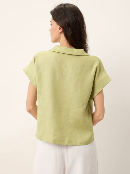 100% Linen Soft Collar Shell Button Rolled Cuff Top HELGA LINTICO