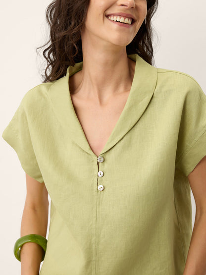 100% Linen Soft Collar Shell Button Rolled Cuff Top HELGA LINTICO