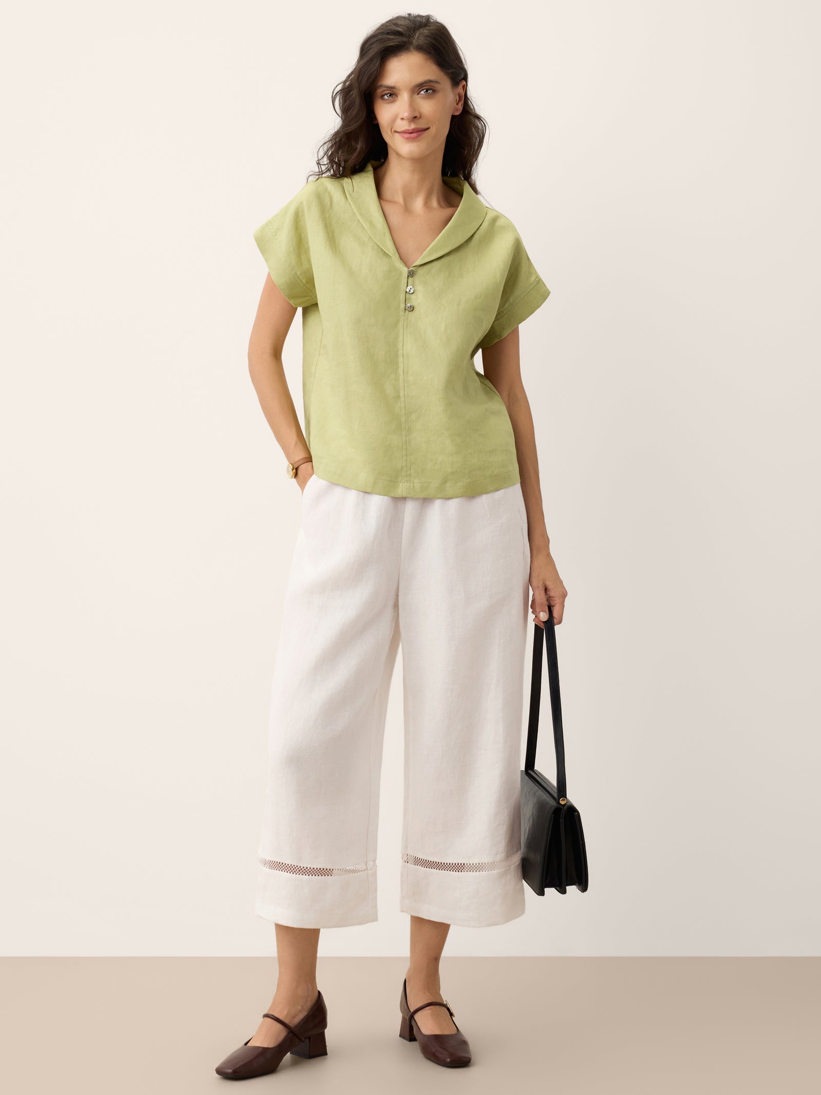 100% Linen Soft Collar Shell Button Rolled Cuff Top HELGA LINTICO