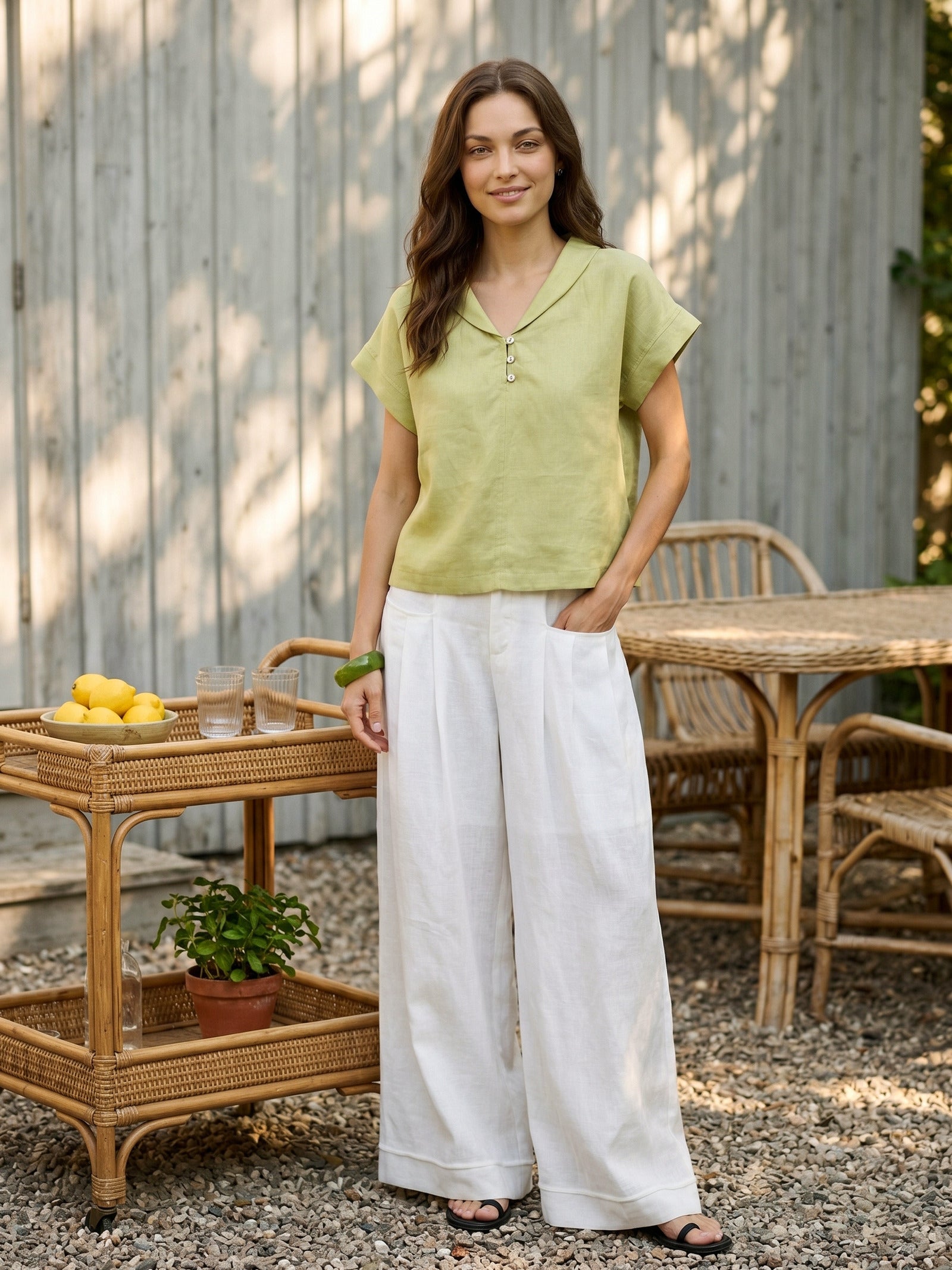 100% Linen Soft Collar Shell Button Rolled Cuff Top HELGA LINTICO