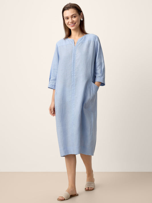 100% Linen Split-Neck Patch-Pocket Midi Dress KALINA LINTICO