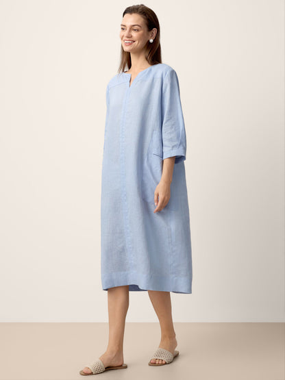 100% Linen Split-Neck Patch-Pocket Midi Dress KALINA LINTICO