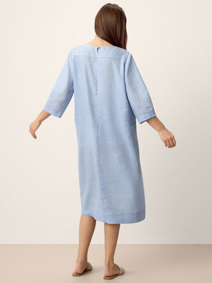 100% Linen Split-Neck Patch-Pocket Midi Dress KALINA LINTICO