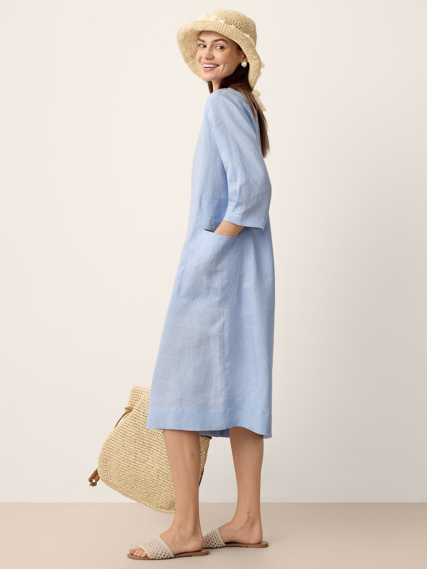 100% Linen Split-Neck Patch-Pocket Midi Dress KALINA LINTICO