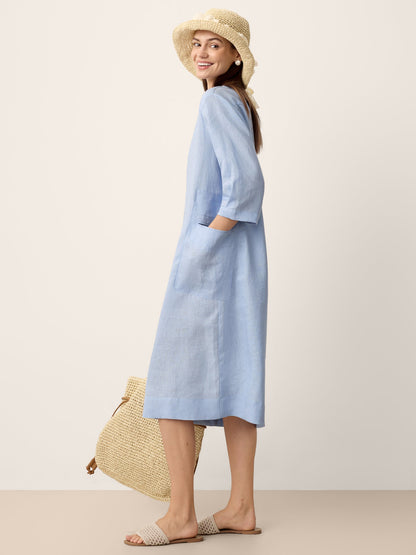 100% Linen Split-Neck Patch-Pocket Midi Dress KALINA LINTICO