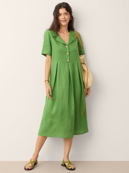 100% Linen Split Neck Button Detail Midi Dress SERAPHINE LINTICO