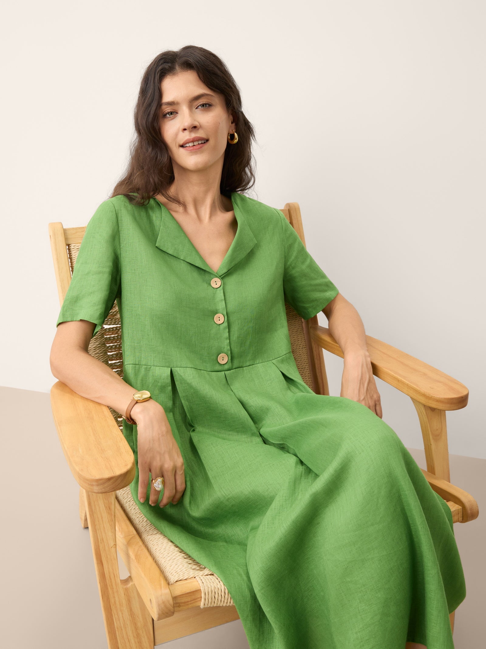 100% Linen Split Neck Button Detail Midi Dress SERAPHINE LINTICO