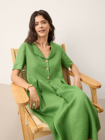 100% Linen Split Neck Button Detail Midi Dress SERAPHINE LINTICO