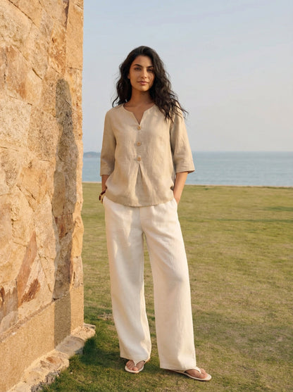 100% Linen Split Neck Inverted Pleat Top TABITHA LINTICO