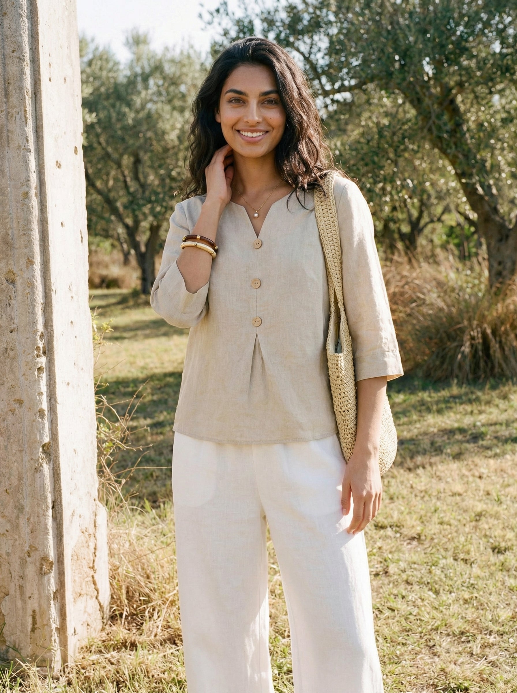 100% Linen Split Neck Inverted Pleat Top TABITHA LINTICO