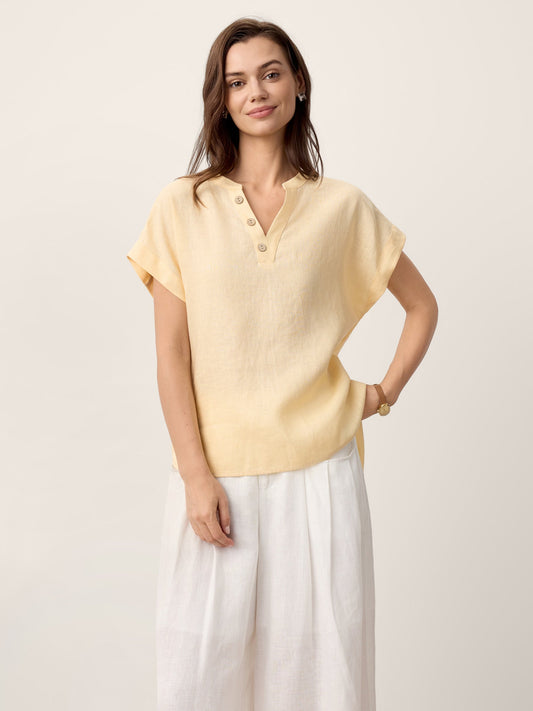 100% Linen Stand-Collar Curved-Hem Top CRESSA LINTICO