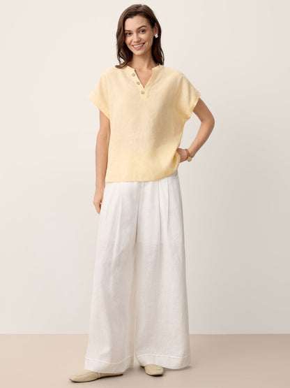 100% Linen Stand-Collar Curved-Hem Top CRESSA LINTICO