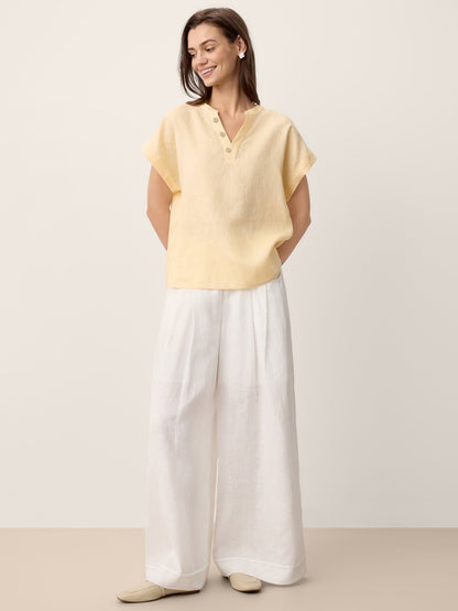 100% Linen Stand-Collar Curved-Hem Top CRESSA LINTICO