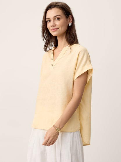 100% Linen Stand-Collar Curved-Hem Top CRESSA LINTICO