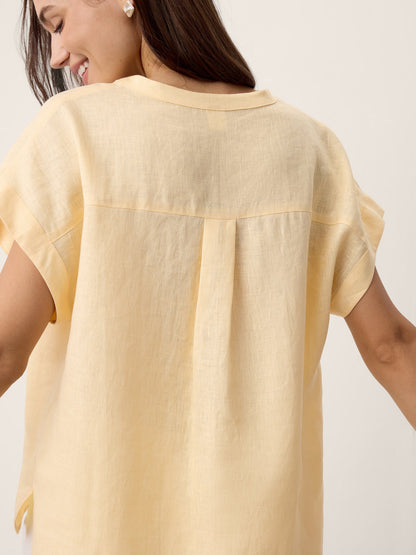 100% Linen Stand-Collar Curved-Hem Top CRESSA LINTICO