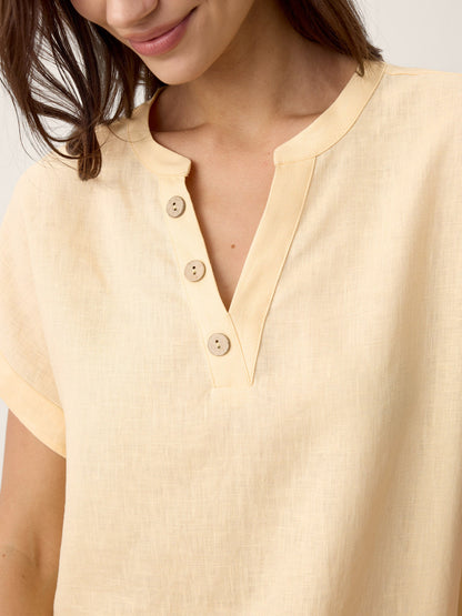 100% Linen Stand-Collar Curved-Hem Top CRESSA LINTICO