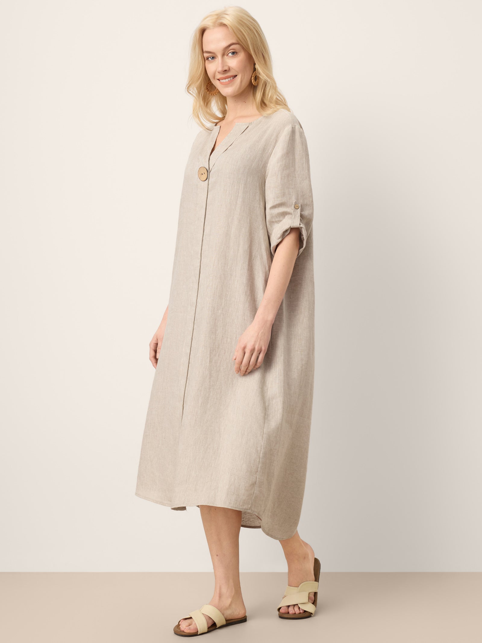 100% Linen Stand Collar V-Slit Tab Sleeve Maxi Dress LEORA LINTICO