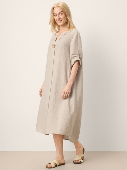 100% Linen Stand Collar V-Slit Tab Sleeve Maxi Dress LEORA LINTICO