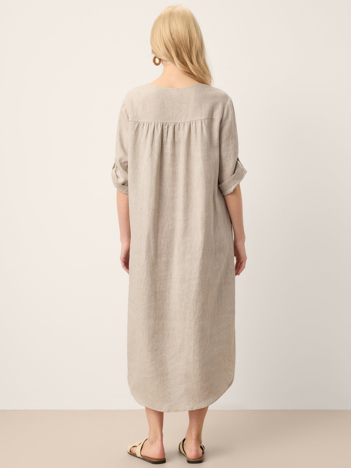 100% Linen Stand Collar V-Slit Tab Sleeve Maxi Dress LEORA LINTICO