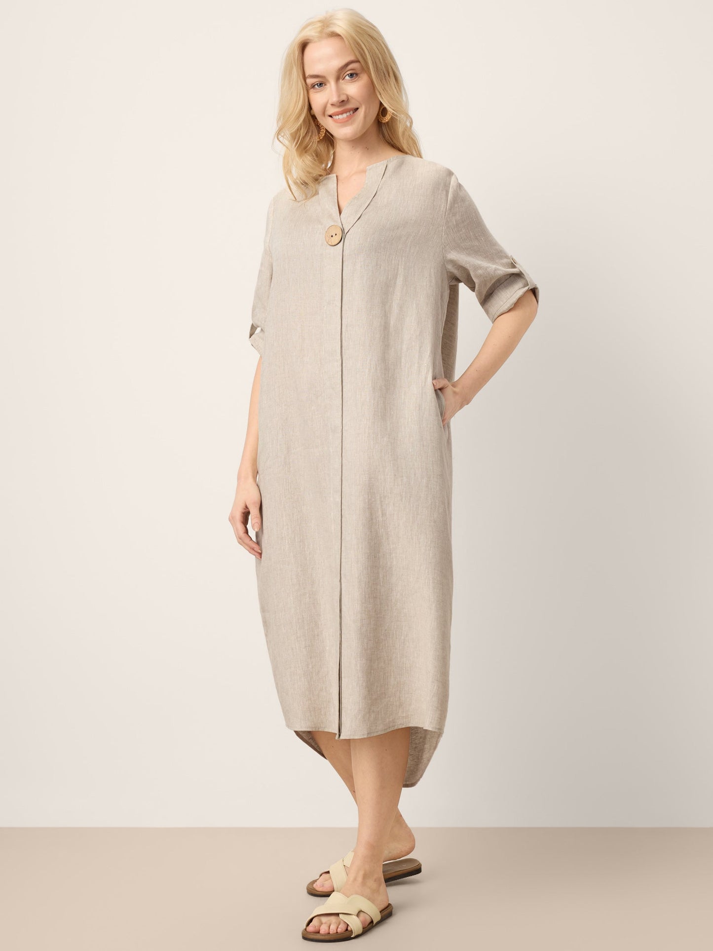 100% Linen Stand Collar V-Slit Tab Sleeve Maxi Dress LEORA LINTICO