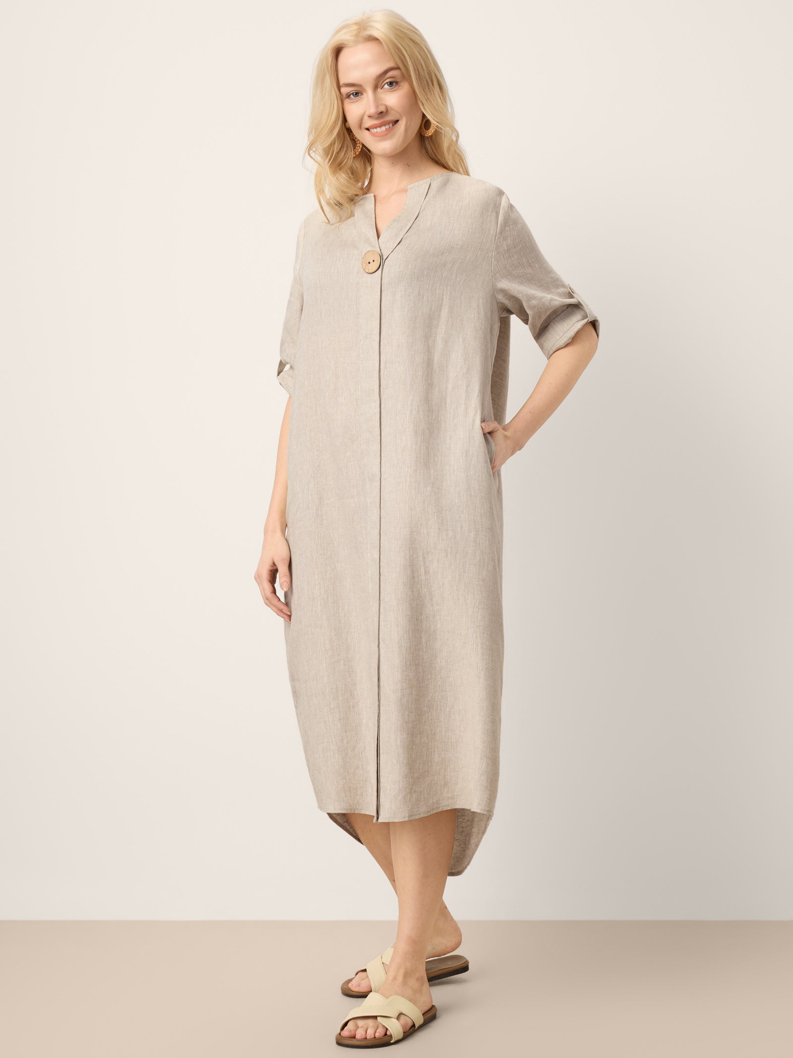 100% Linen Stand Collar V-Slit Tab Sleeve Maxi Dress LEORA LINTICO