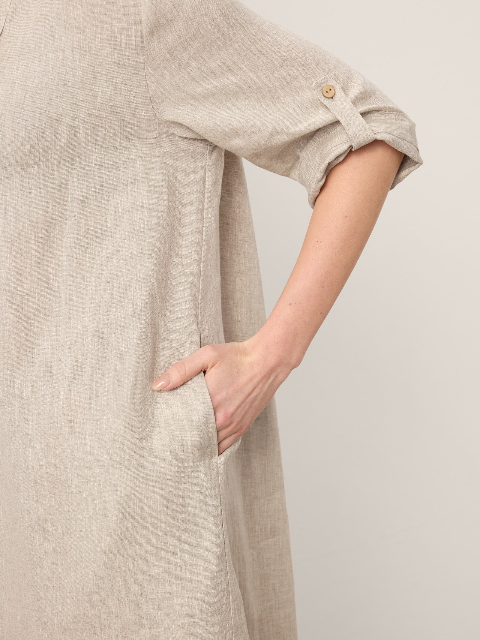 100% Linen Stand Collar V-Slit Tab Sleeve Maxi Dress LEORA LINTICO
