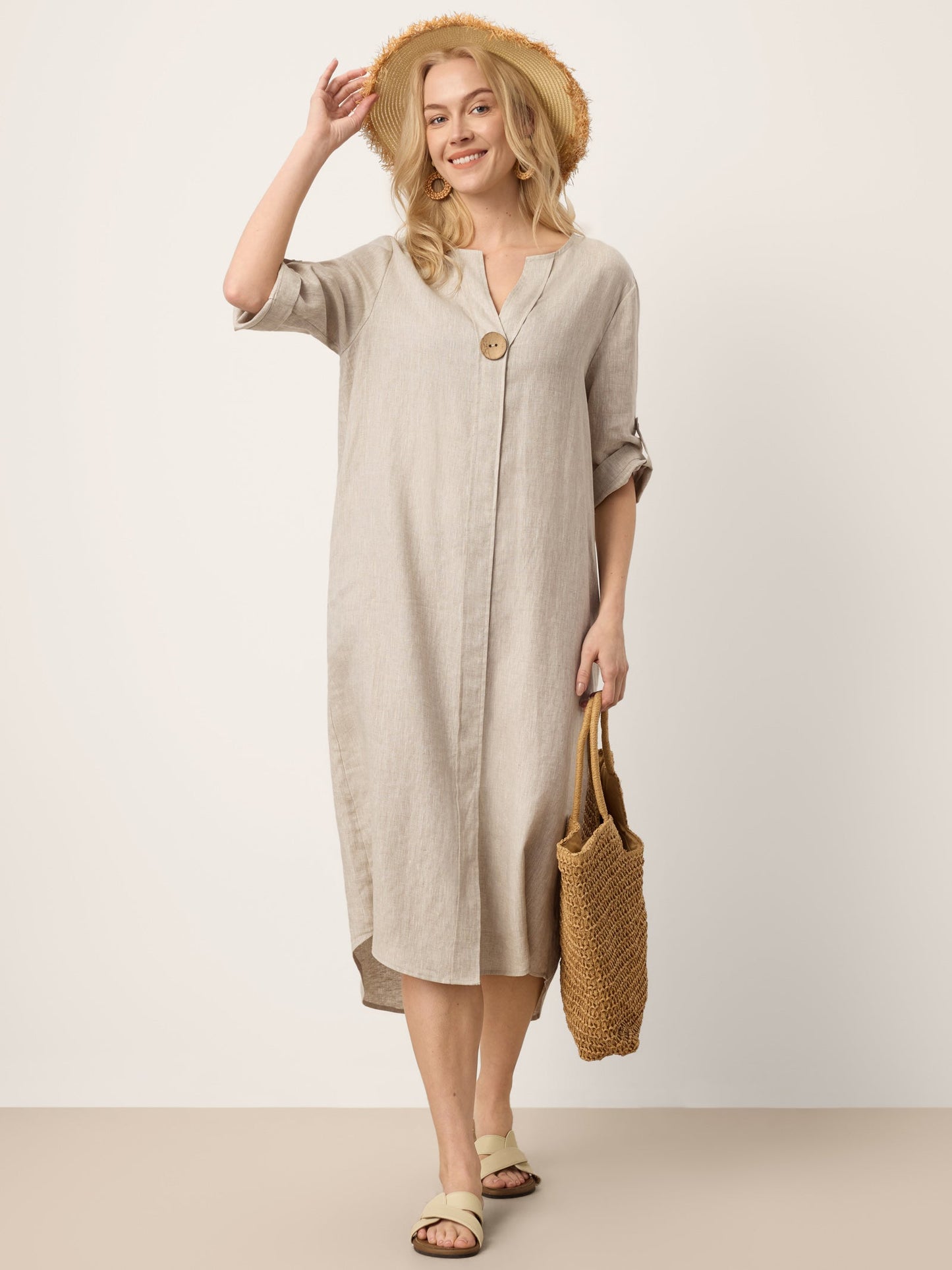 100% Linen Stand Collar V-Slit Tab Sleeve Maxi Dress LEORA LINTICO