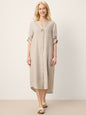 100% Linen Stand Collar V-Slit Tab Sleeve Maxi Dress LEORA LINTICO
