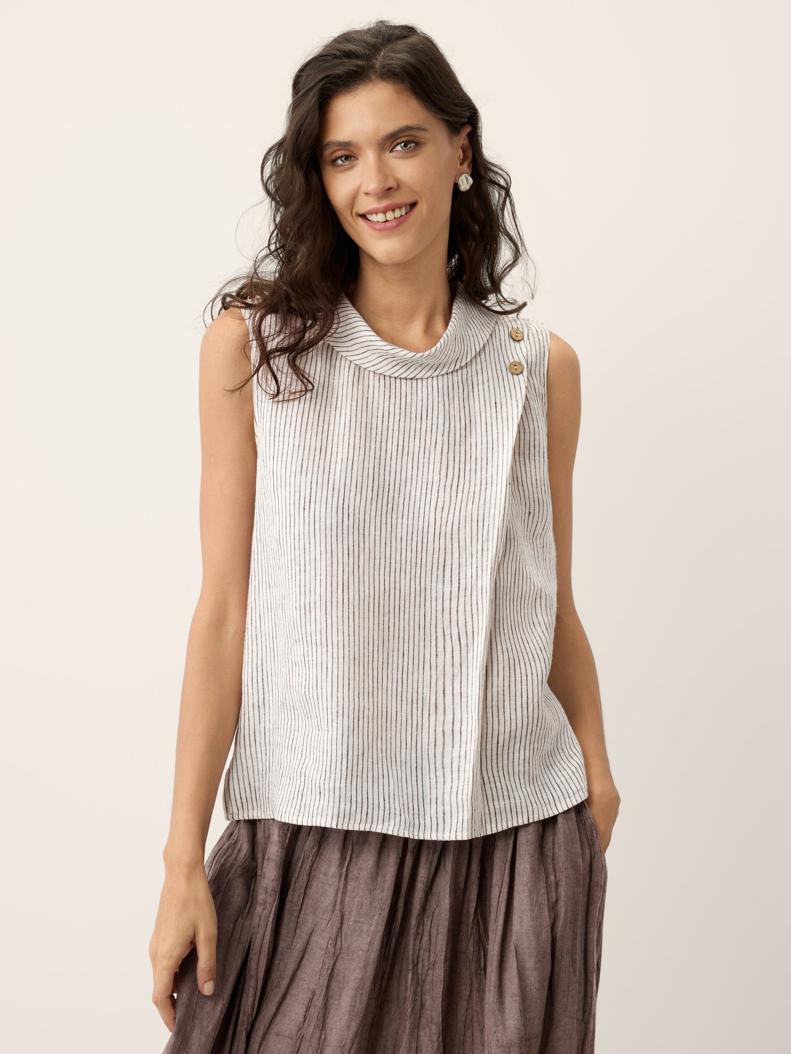 100% Linen Striped Diagonal Pleat Mock Neck Top ESTHER LINTICO