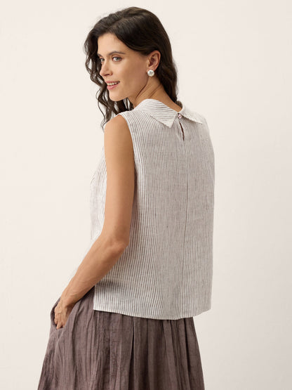 100% Linen Striped Diagonal Pleat Mock Neck Top ESTHER LINTICO